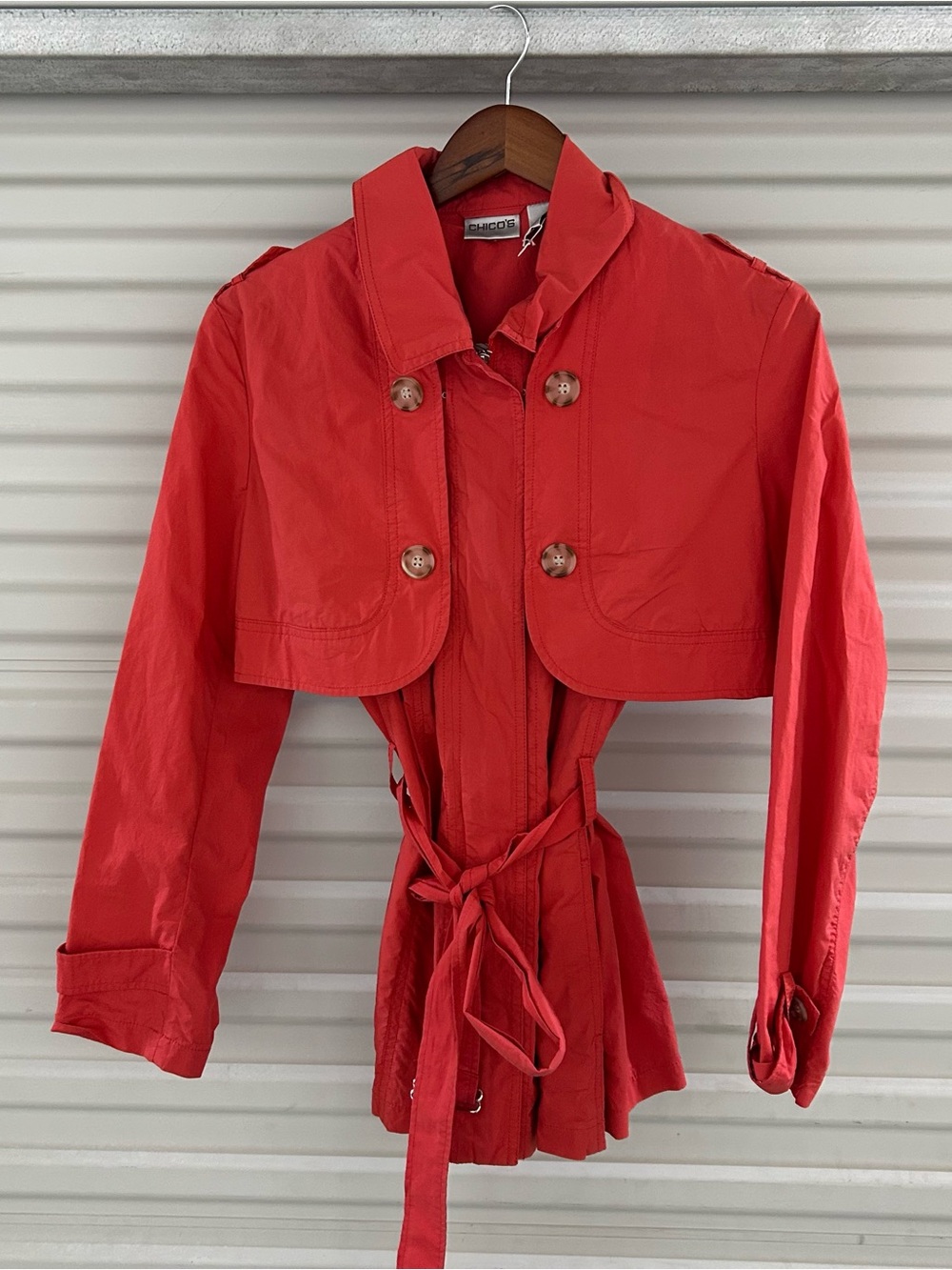 Chico's Coral-Red Cropped Trench with Tie Waist